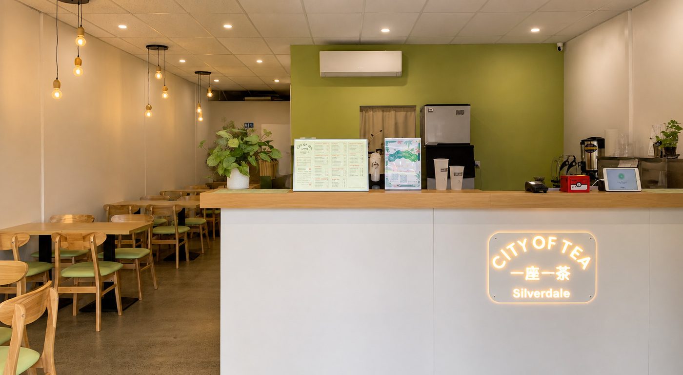 City of Tea 一座一茶 Silverdale interior with wood seating, green wall and illuminated sign