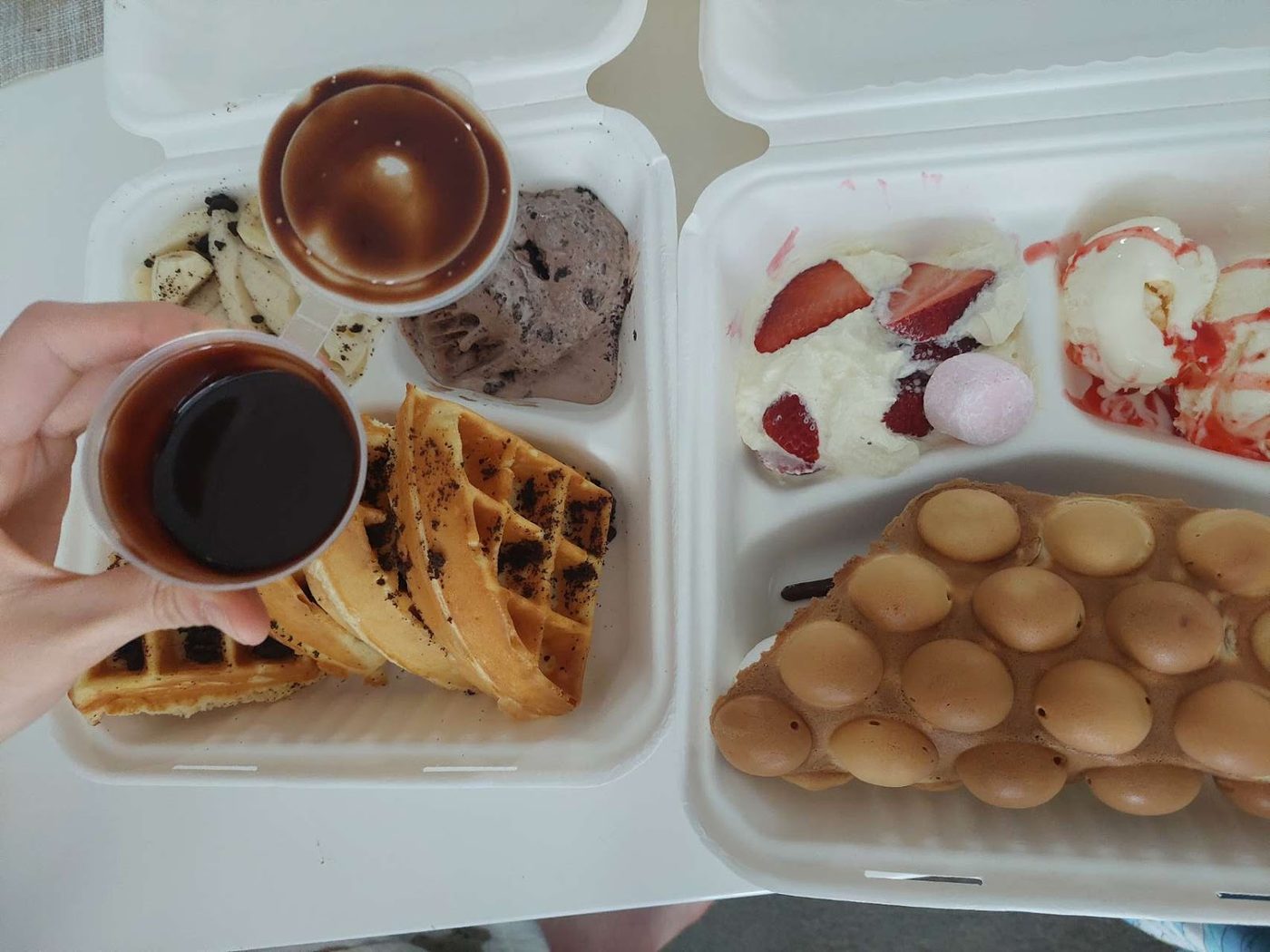 Waffles and small desserts with dipping sauce